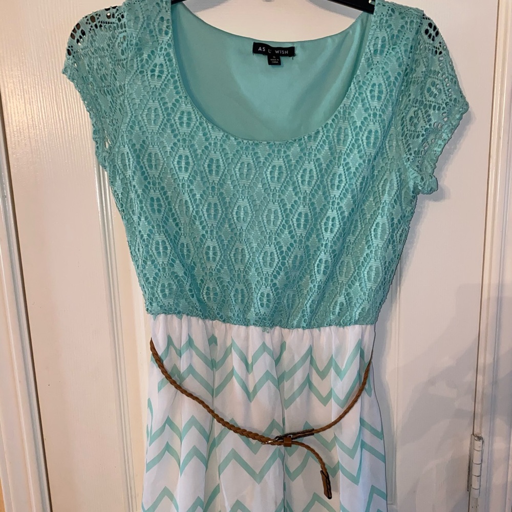 Teal chevron and lace dress